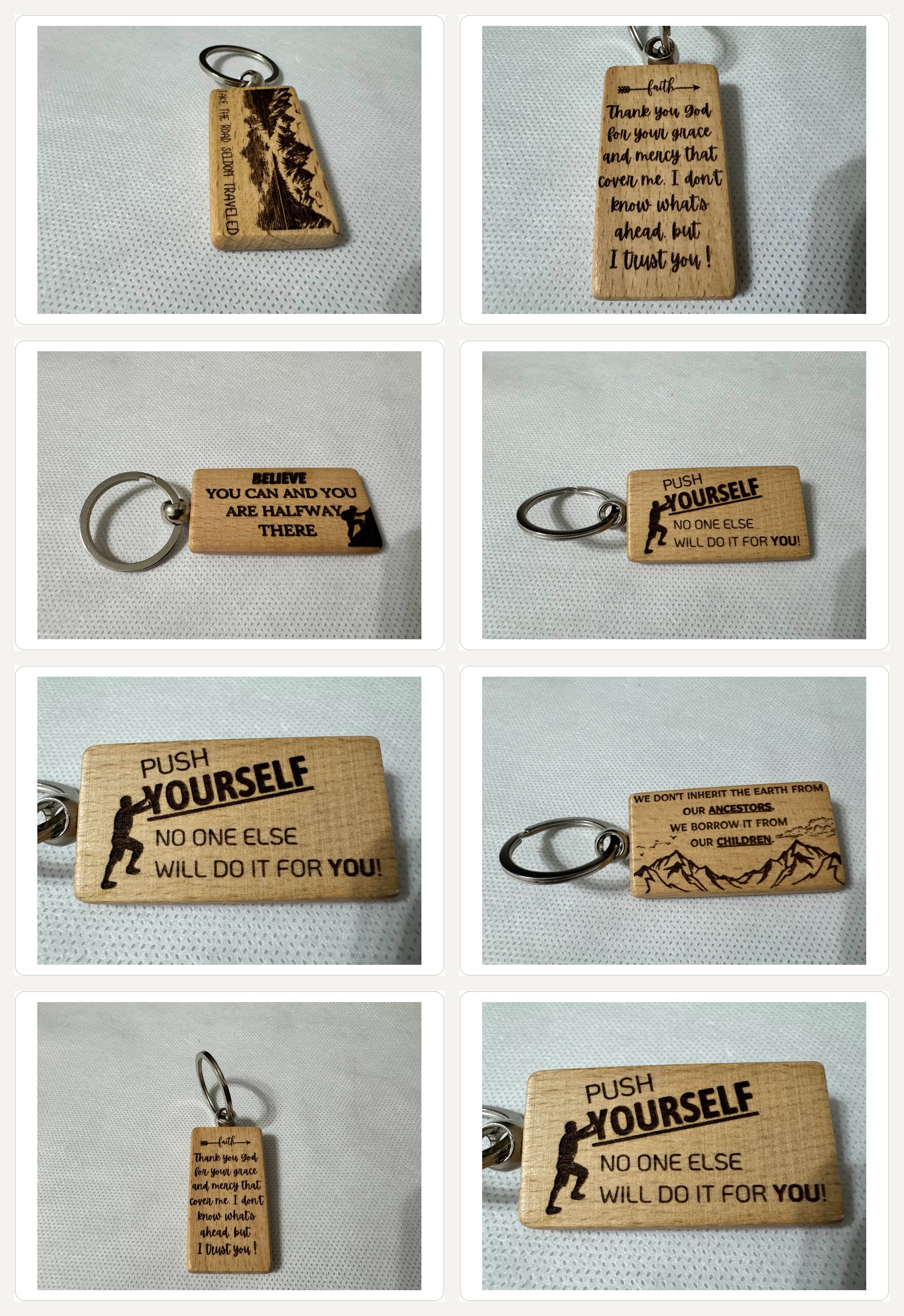 Collage of custom engraved wooden keychains including scenic, motivational, faith and humor designs