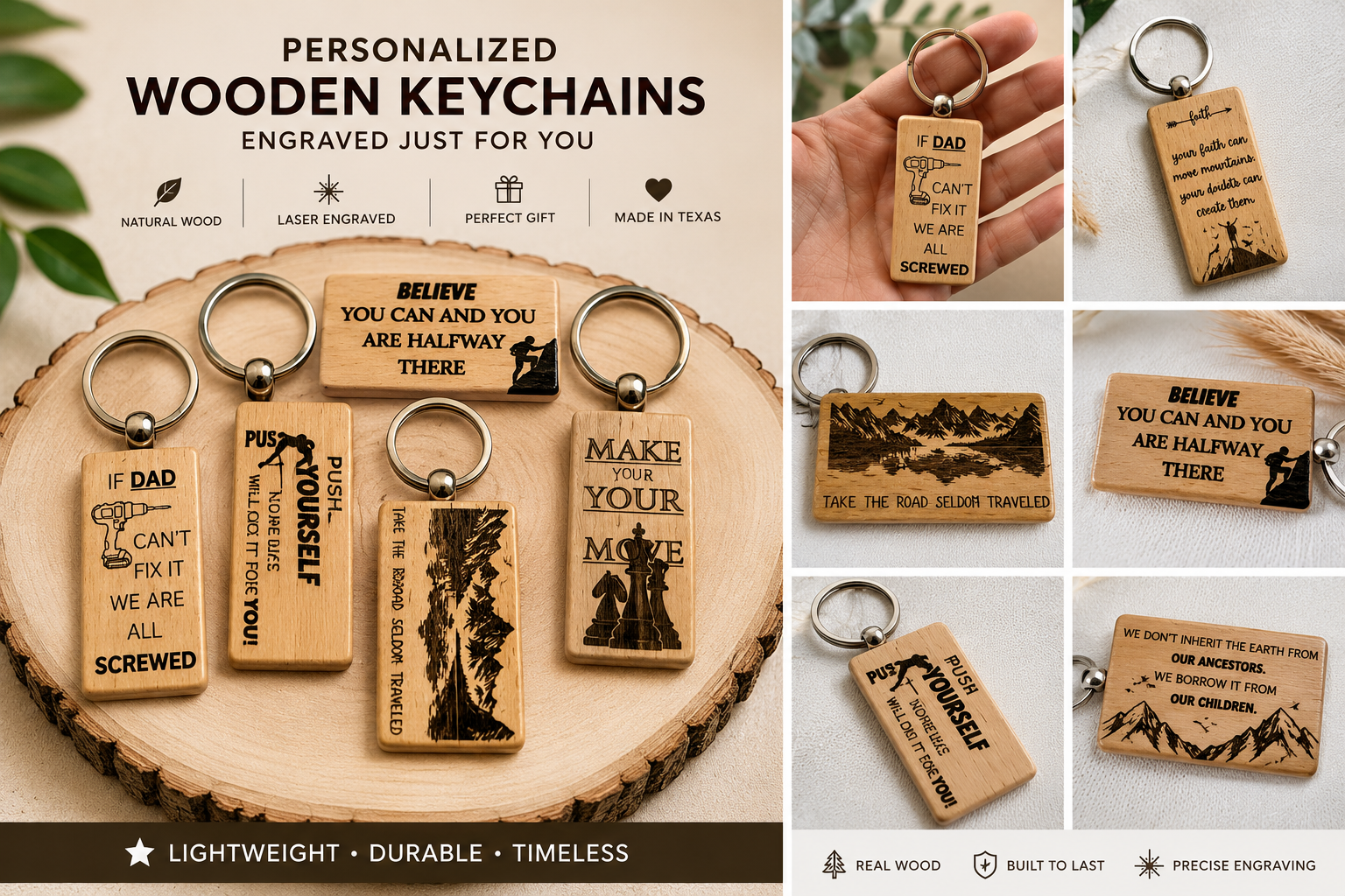 Collage of custom engraved wooden keychains including scenic, motivational, faith and humor designs